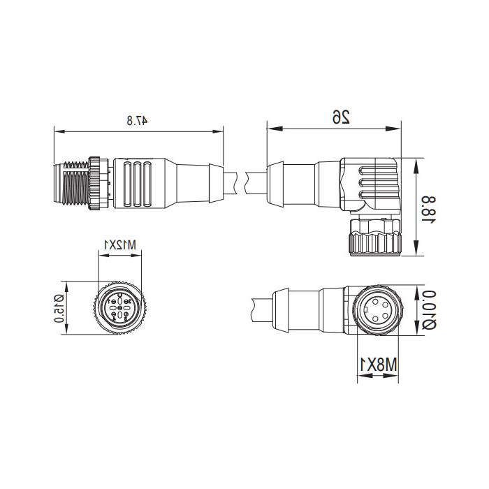 M8 to M12 4Pin, M8 female head 90° with LED light to M12 male head straight, double-ended pre-cast PVC non-flexible cable, gray sheathing, 63D303-XXX